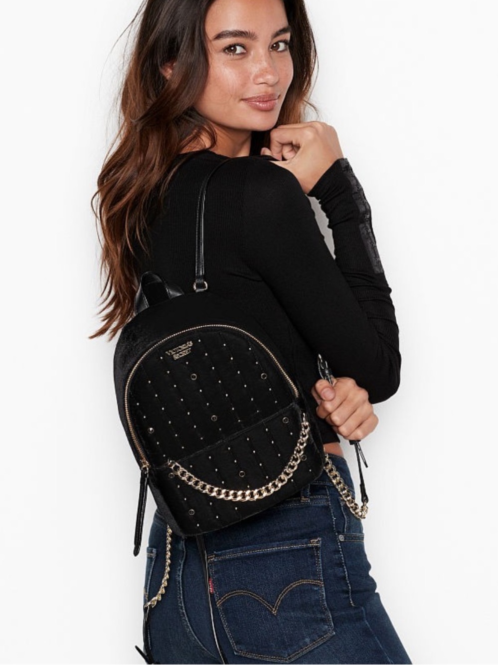 Victoria's Secret Black Studded Mini Backpack with Gold Chain Accent